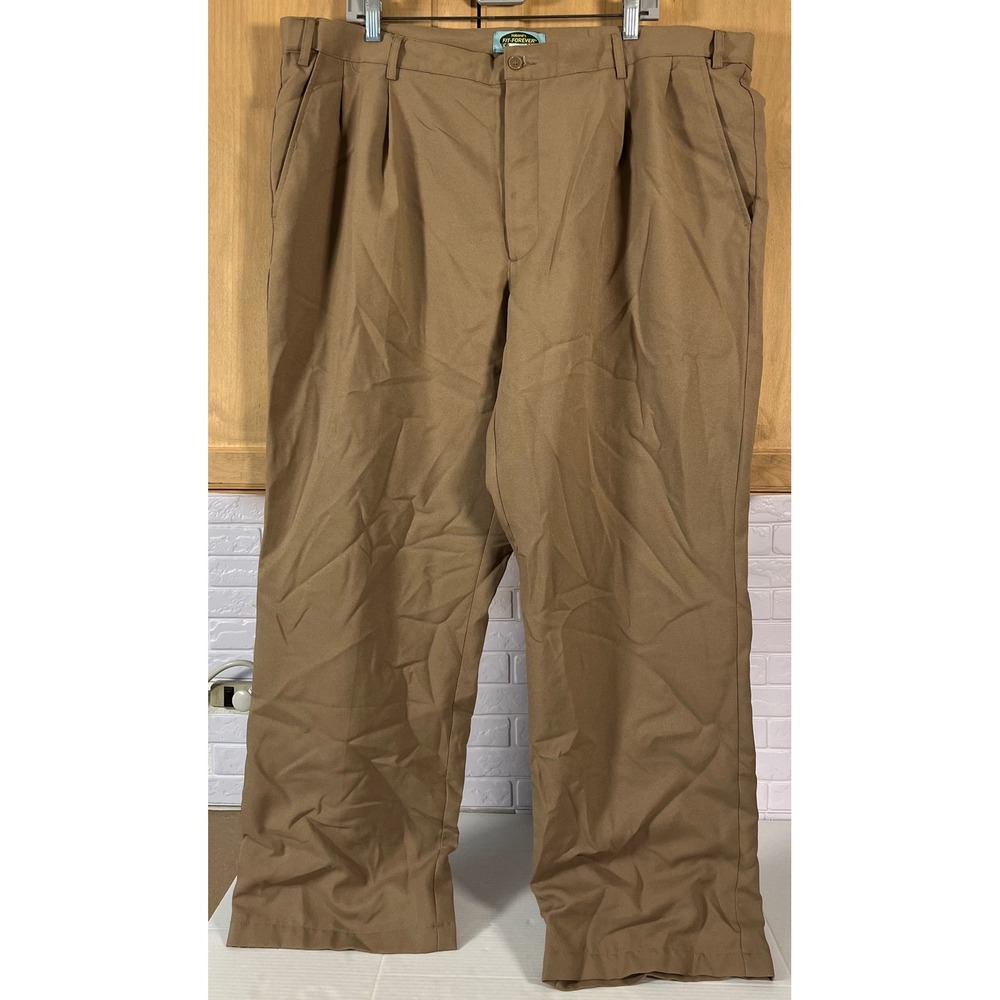 Haband Fit-Forever Pants Mens 42L Tan Flannel Lined Pleated Chinos 02A